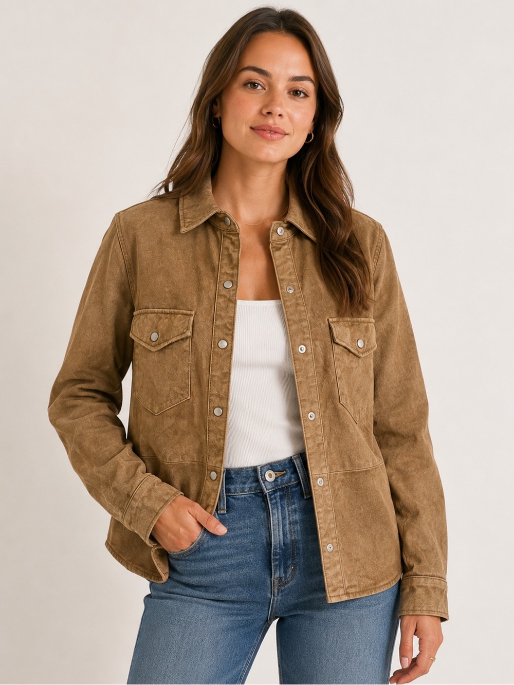 Forever 21 Tan Pigskin Leather Snap Button Jacket - Picture 1 of 5